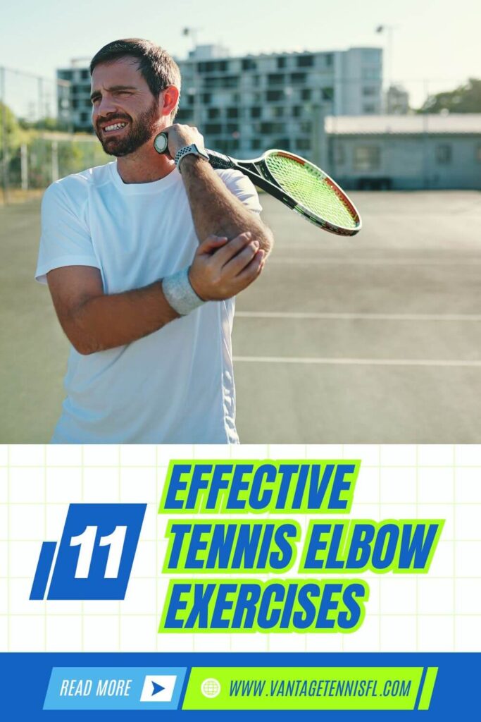 A male tennis player in a white shirt grimaces in pain while holding his elbow on an outdoor court. Overuse injuries like tennis elbow can be treated with rest, physical therapy, and the Best Tennis Elbow Exercises with over image text