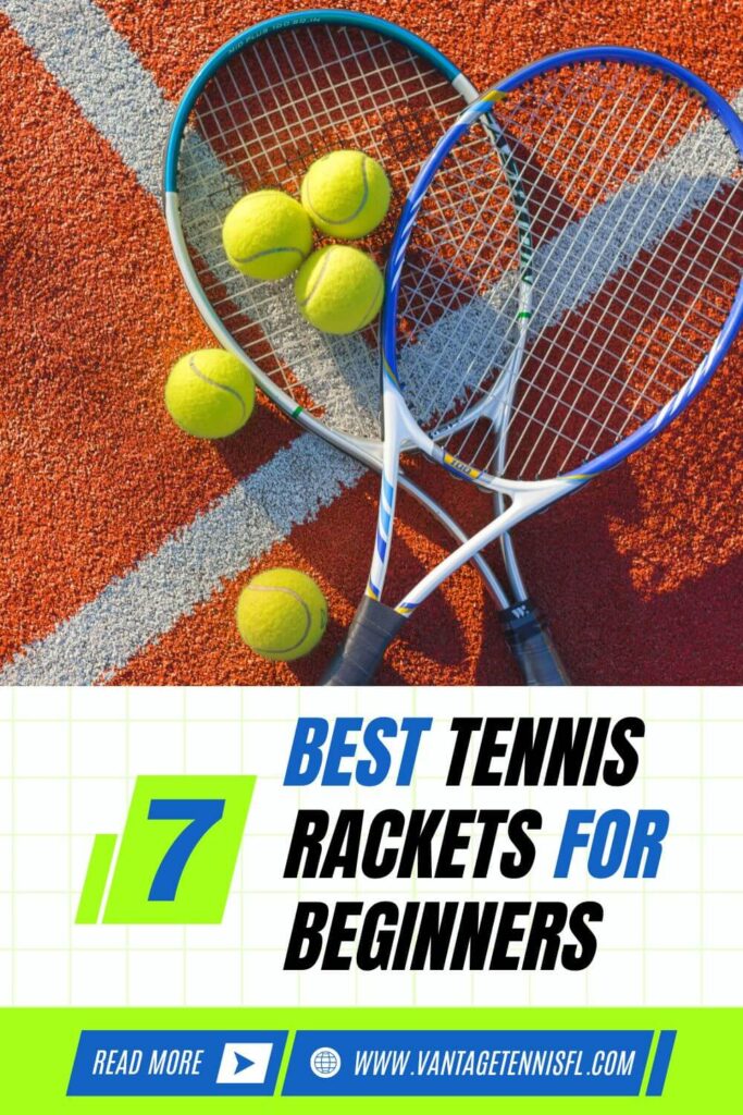 Two blue tennis rackets rest on an orange court alongside five tennis balls. The Best Tennis Rackets for Beginners should offer a balance of power and control for new players with text overlay