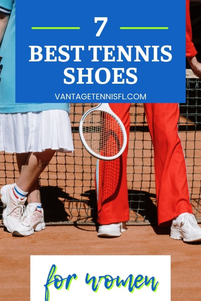 best tennis shoes for women pinterest pin cover, two players one holding a tennis racket in a red pants and top and another player in a blue dress and a white skirt