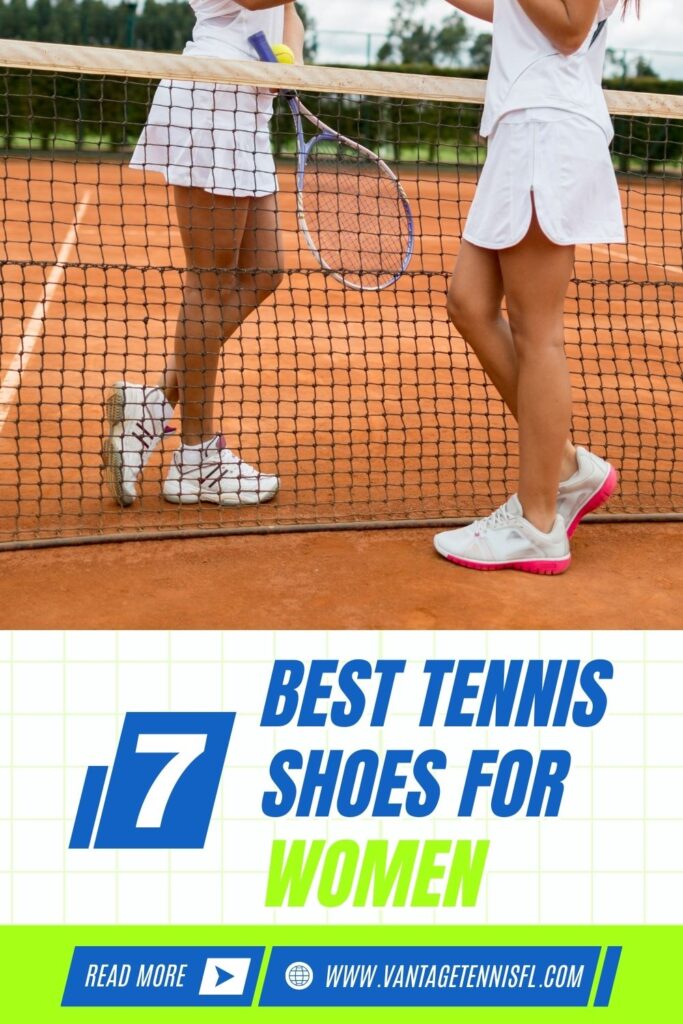 best tennis shoes for women pinterest pin cover, Two female tennis players in white outfits shake hands over a clay court net. One player wears white sneakers with pink soles, while the other has white tennis shoes. Their footwear showcases the best tennis shoes for women designed for comfort and performance on clay courts.