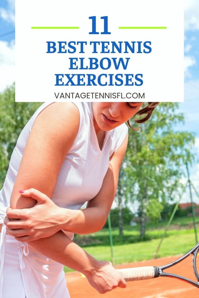 A female tennis player in a white outfit clutches her elbow in discomfort while standing on a clay court, her racket still in hand. Strengthening and stretching with the Best Tennis Elbow Exercises can help prevent and recover from such injuries with over image text