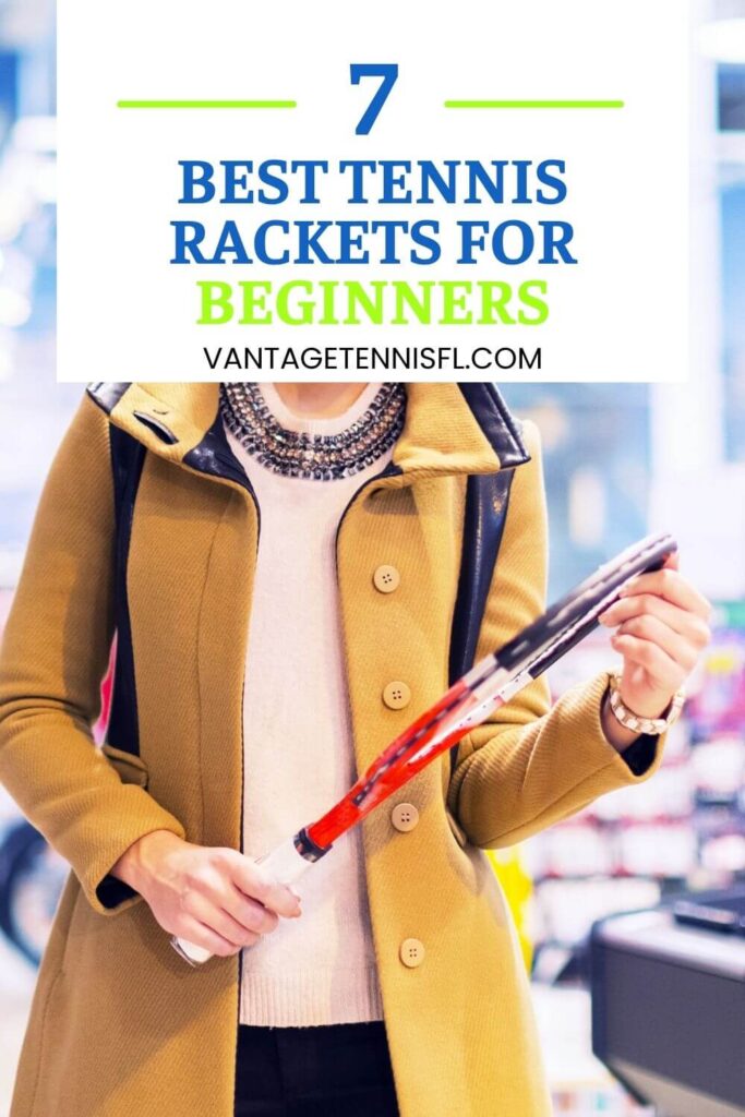 A woman in a mustard-colored coat browses a sporting goods store, holding a red and black tennis racket. She appears to be selecting from the Best Tennis Rackets for Beginners to start her tennis journey with text overlay