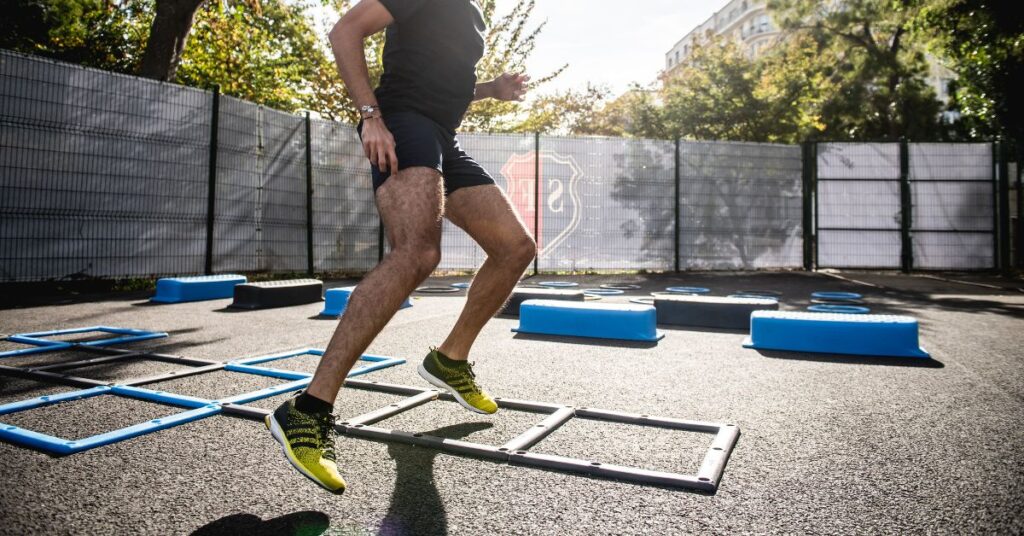 A person working on tennis footwork drills at home court